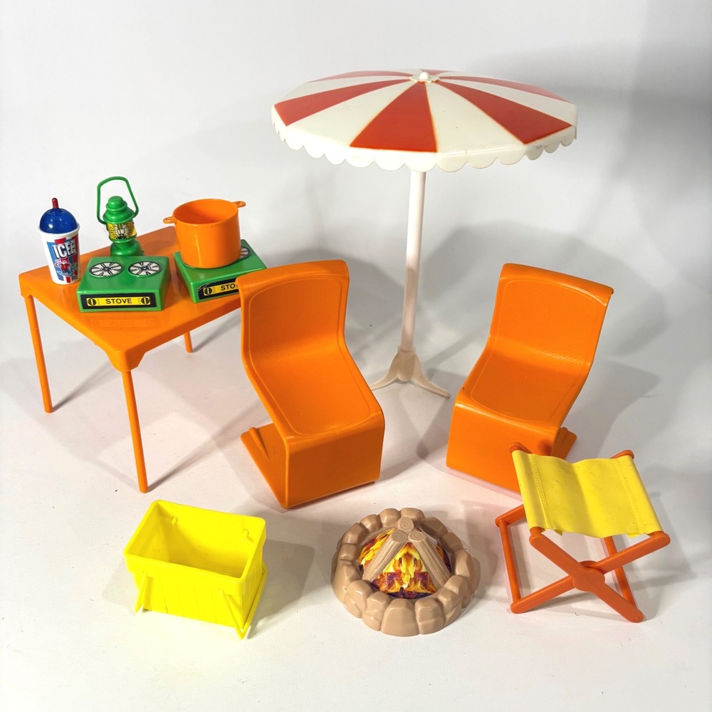 Vintage Barbie Camping Furniture Set Orange Mod Chairs Table Umbrella Campfire
